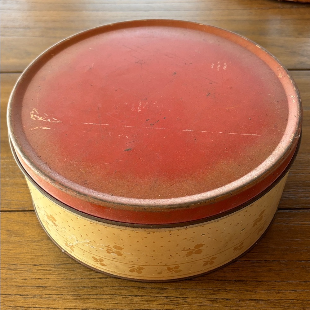 Vintage Cottagecore Distressed Red Cream Polka Dot Round Tin Storage Container